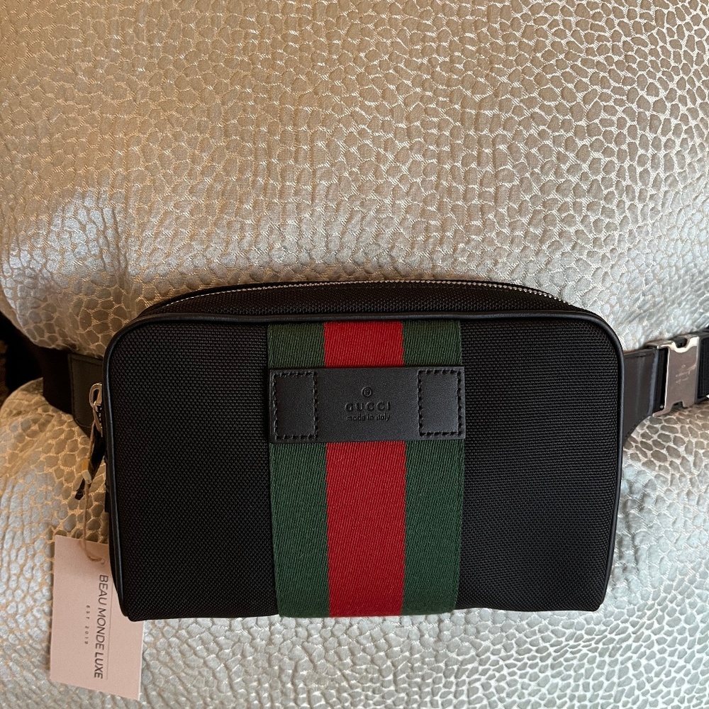 GUCCI Black Leather & Canvas Belt Bag